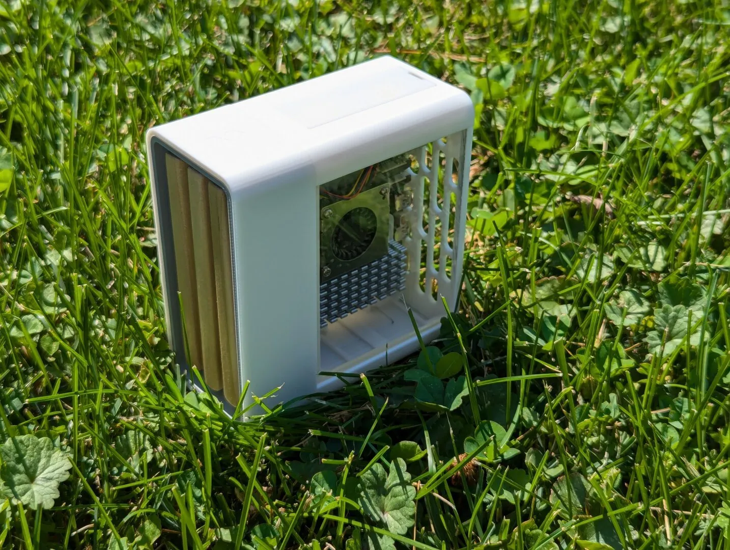 A Raspberry Pi computer in a 3D printed case in the grass for no good reason.